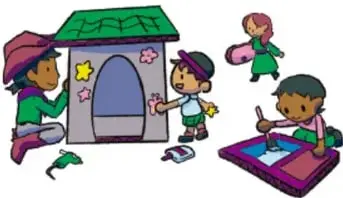 Ilustración de niñas y niños construyendo y decorando una casita, uno pinta el techo, otros pintan sobre una lona; crédito: Damián Caballero, Nuevo León.