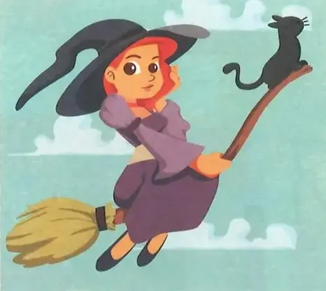 Ilustración de una bruja sonriente volando sobre una escoba junto a un gato negro.