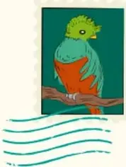 Estampilla con un ave verde y naranja sobre una rama, junto a líneas onduladas.