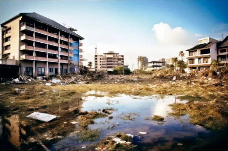 Zona costera con edificios dañados y escombros tras un evento climático extremo, con agua estancada en primer plano.