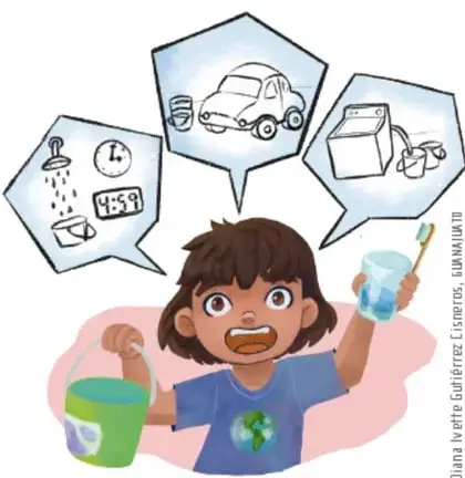 Niño cepillándose los dientes con vaso, regadera con cronómetro de 4:59, auto lavado con cubeta y lavadora, ilustrando acciones de ahorro de agua