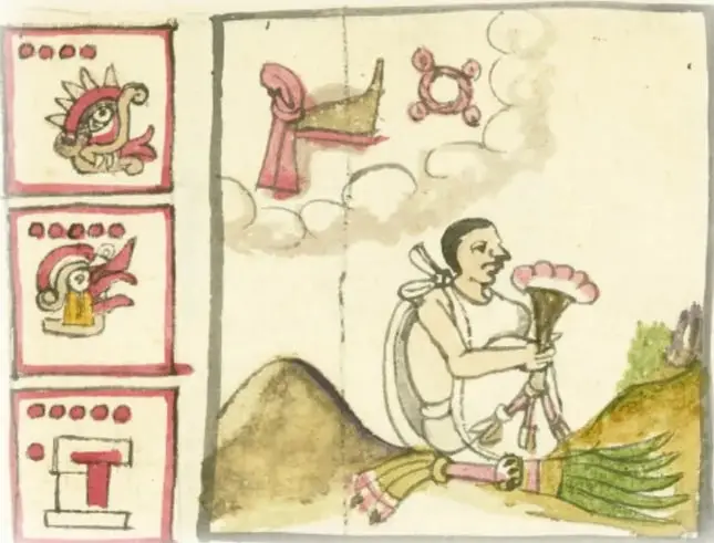 Fragmento de códice con tres recuadros de glifos con puntos rojos (numerales) y un personaje sentado frente a un gran objeto de plumas, con montañas al fondo.