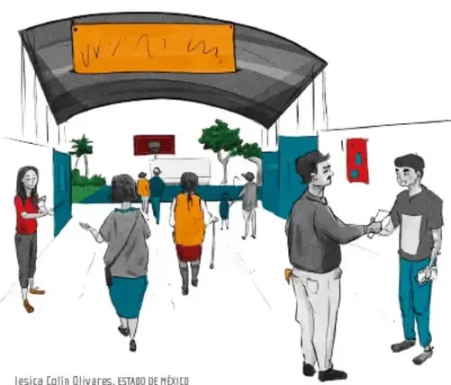 Ilustración de la entrada de la escuela con personas de la comunidad llegando, estudiantes recibiendo y saludando a los asistentes; crédito: Jesica Colín Olivares, ESTADO DE MÉXICO.