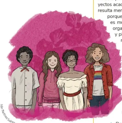 Ilustración de cuatro estudiantes de pie frente a un fondo rosa con siluetas de hojas; firma del artista: Iván Martínez Suárez, Ciudad de México.