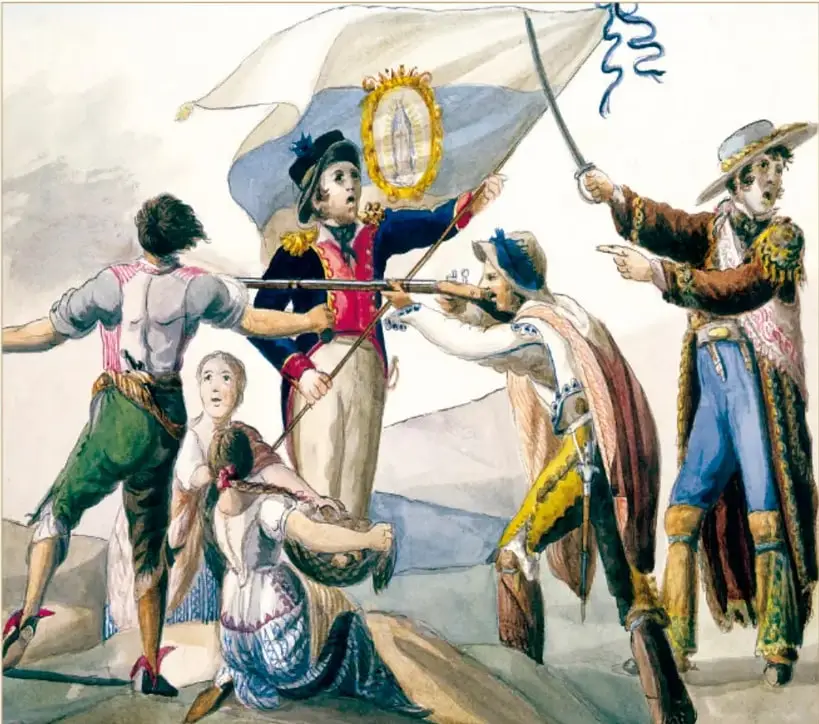 Ilustración de Theubet de Beauchamp titulada 'Bandera con la que se enarbola el triunfo de los insurgentes en el Puerto de Acapulco'. Muestra a insurgentes con bandera que lleva la imagen de la Virgen de Guadalupe, combate armado con fusiles y machetes, y una mujer arrodillada en primer plano con un cesto, representando a la población civil afectada.