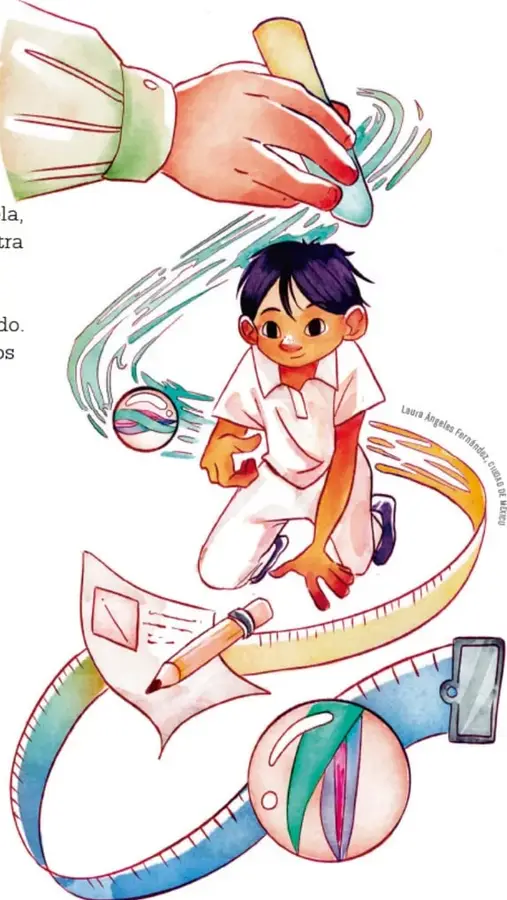 Ilustración de un niño lanzando una canica con efecto de movimiento en espiral, acompañado de una cinta métrica enrollada, un lápiz, un cuaderno y una regla.