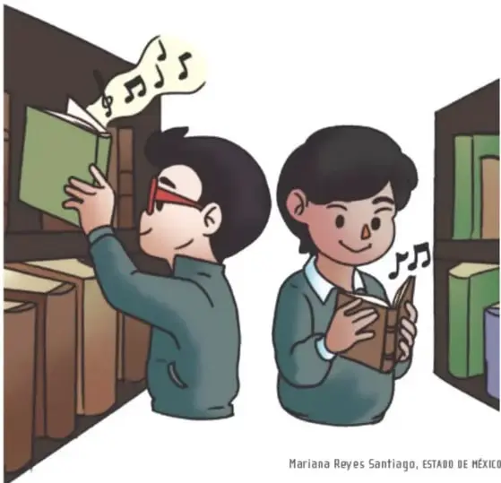 Ilustración de dos estudiantes frente a estantes de biblioteca; uno toma un libro con notas musicales y el otro lee un libro con símbolos musicales. Crédito: Mariana Reyes Santiago, ESTADO DE MÉXICO.