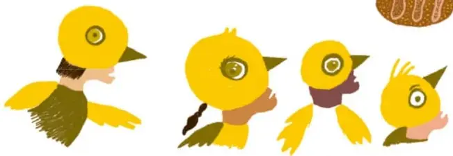 Cuatro niños con máscaras y disfraces de pájaros amarillos, ilustración de Cuahtémoc Wetzka, Veracruz.