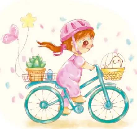 Ilustración de una niña con casco rosa pedaleando una bicicleta azul; lleva una canasta con una planta y una jaula con un hámster, y globos de colores alrededor.