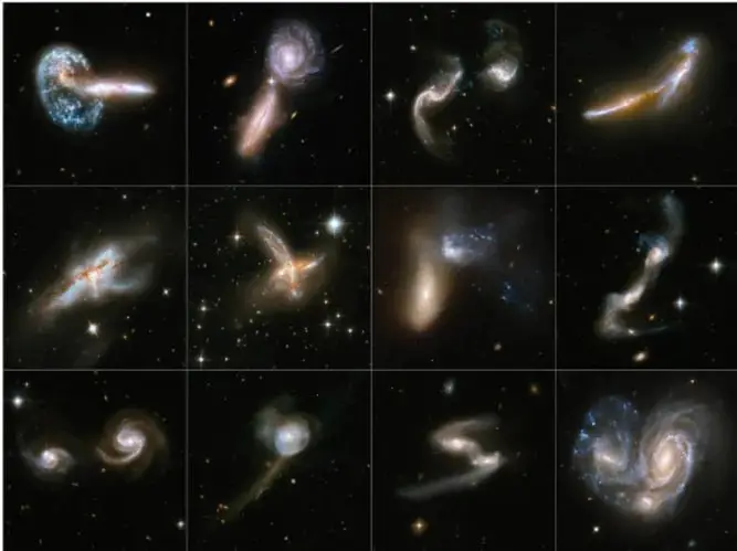 Cuadrícula de 12 imágenes de galaxias en diferentes formas y colores, observadas por telescopios.