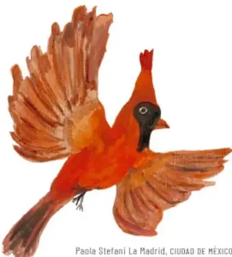 Ilustración de un ave roja con las alas extendidas, posiblemente un cardenal, posada sobre una rama.
