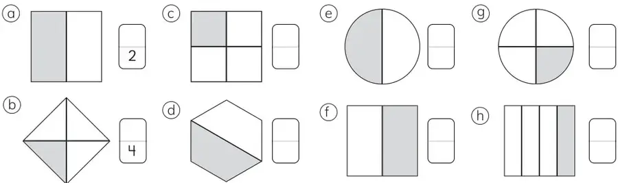 Ocho figuras (cuadrado, rombo, cuadrado, hexágono, círculo, rectángulo, círculo, rectángulo) con partes pintadas.
