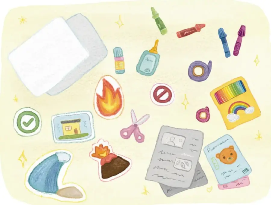 Ilustración con materiales escolares: cartulinas blancas, plumones, lápiz, pegamento, cinta adhesiva, tijeras, recortes de periódico, una credencial y símbolos de fuego, prohibido, casa y ola, que representan riesgos y zonas seguras.