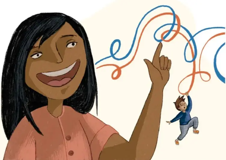 Ilustración de una niña de cabello negro largo, sonriente, con el dedo índice en alto; a su lado un niño pequeño cuelga de hilos azules y naranjas enrollados, evocando los retos de los trabalenguas. Crédito: Frida Lorena Solano Martínez, Ciudad de México.