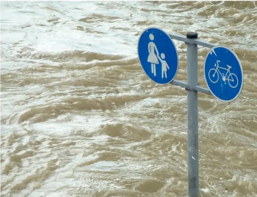 Fotografía de una calle inundada con agua turbia; dos señales de tránsito azules (peatones y ciclistas) sobresalen del agua.