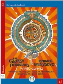 Portada del libro La guerra de los hermanos con un disco solar mexica.
