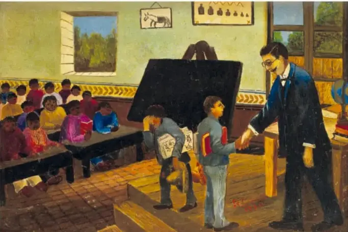 Pintura 'Salí de la escuela a la que a pesar de todo dejé llorando' (1930): aula con alumnos sentados en bancas de madera, un maestro con bigotes y gafas que sostiene un compás, pizarrón, ventanas y un cuadro con figuras.
