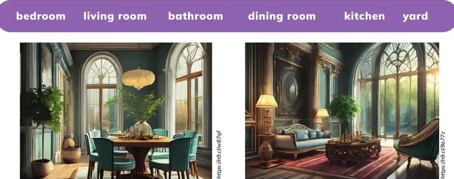 Foto/ilustración realista de un comedor con mesa, sillas turquesa, plantas y ventanal.
