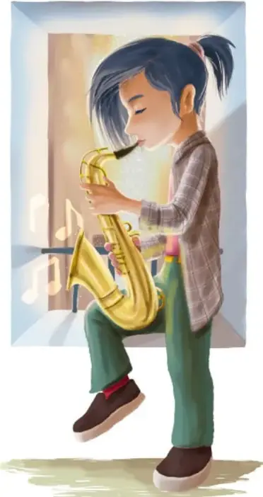Ilustración de un niño tocando un saxofón junto a una ventana con notas musicales; ilustración de Gerardo Miguel Camacho Marín, Estado de México.