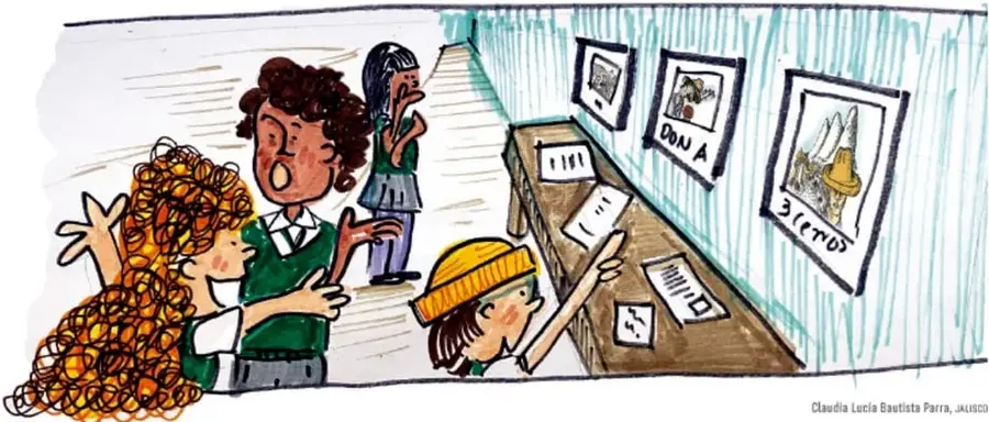 Ilustración de estudiantes en un pasillo escolar observando un periódico mural con carteles y dibujos; uno señala un cartel con la palabra 'BICIS'.