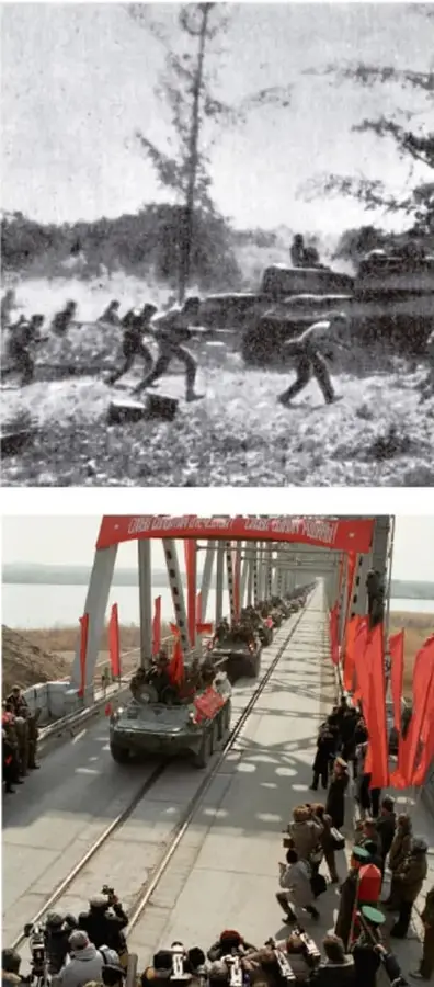 Fotografía en blanco y negro de soldados en combate durante la Guerra de Vietnam.