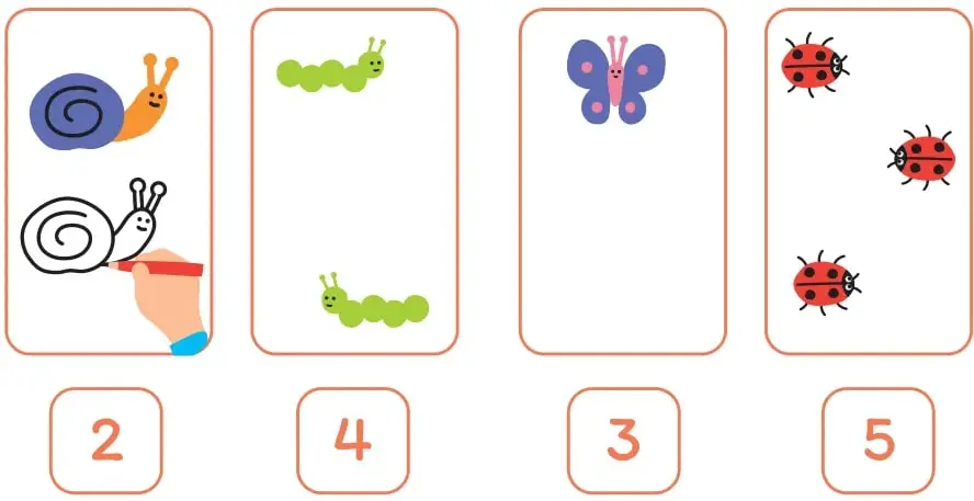 Cuatro recuadros con dibujos: caracoles (1 pintado y 1 para colorear), 2 orugas verdes, 1 mariposa morada y 3 chinitas rojas; debajo de cada recuadro un número: 2, 4, 3 y 5.