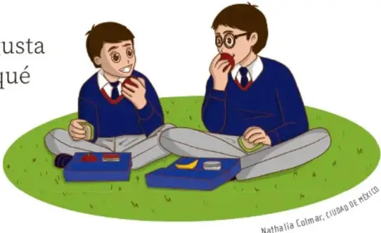 Ilustración de dos niños con uniforme escolar sentados en el pasto, comiendo alimentos de sus loncheras (frutas y verduras). Crédito: Nathalia Colmar, Ciudad de México.