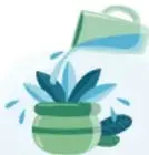 Ilustración de una regadera azul vertiendo agua sobre una maceta con una planta.
