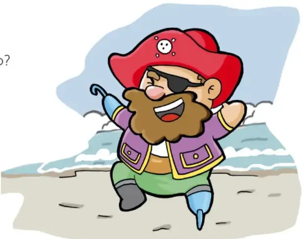 El pirata baila o patalea alegre en la playa, con los brazos y la pata de palo en movimiento.