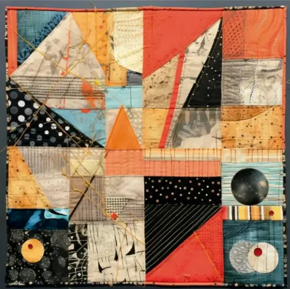 Obra textil cuadrada tipo colcha de retazos (patchwork): triángulos y cuadros de telas en tonos naranja, azul, negro, crema y beige, con líneas cosidas y pequeños círculos bordados, sobre fondo oscuro.