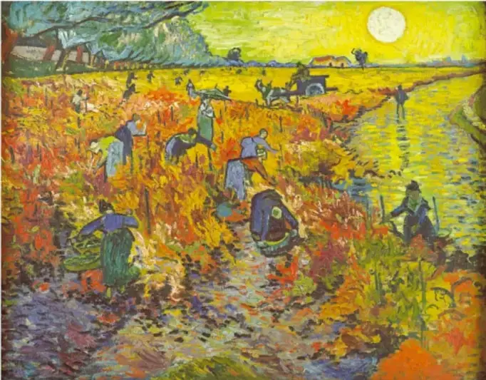Reproducción de El viñedo rojo (1888) de Vincent van Gogh: varias figuras trabajan en un viñedo con colores rojos, verdes, azules y amarillos.