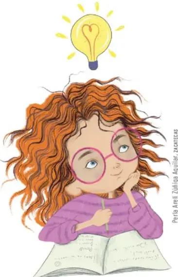 Niña pelirroja con lentes rosas pensando, con un foco encendido sobre su cabeza, símbolo de ideas y soluciones.