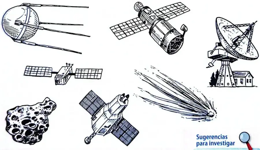 Dibujos a lápiz de varios objetos espaciales: Sputnik, telescopio Hubble, antena radiotelescopio, satélite, sonda Voyager, asteroide y cometa