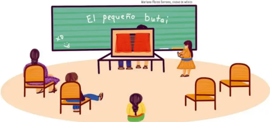 Escena de aula: estudiantes sentados en sillas formando un semicírculo frente a un butai sobre una mesa; una narradora de pie a un lado y el pizarrón con el título 'El pequeño butai'.