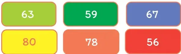 Seis tarjetas de colores con los números 63, 59, 67, 80, 78 y 56.