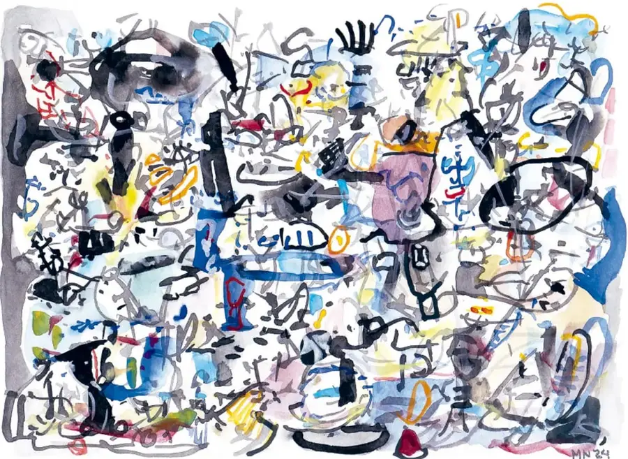Pintura abstracta Sin título (2024) de Mario Núñez: composición con trazos negros, manchas de acuarela azul, amarilla, roja, rosa y gris, y formas libres que recuerdan garabatos y letras.