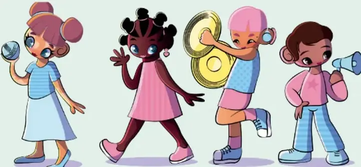 Ilustración de cuatro niños y niñas con objetos: una lupa, una mano saludando, un par de platillos musicales y un megáfono, representando roles de exploración y guía comunitaria.