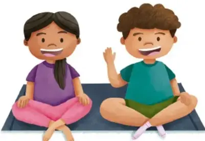 Ilustración de dos niños sentados en el suelo, uno con playera morada y otro con playera verde, sonriendo.