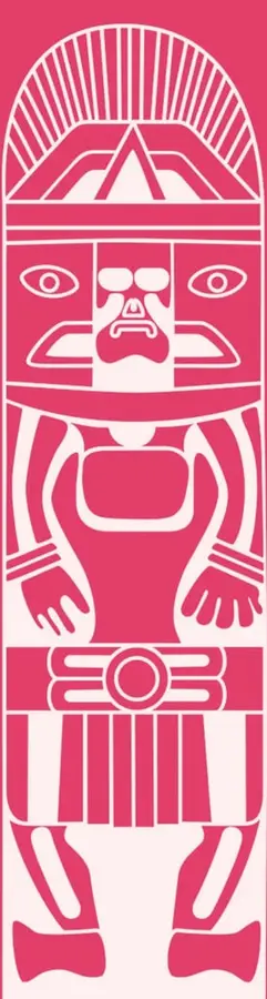 Ilustración estilizada de una figura prehispánica o totémica en color rosa mexicano, con rostro, brazos y piernas, sobre fondo blanco. Ocupa toda la altura de la página.