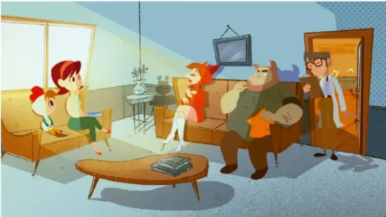 Ilustración de una sala: una niña con botarga de gallina, una mujer pelirroja, un hombre con lentes y una figura con orejas de animal; al fondo un televisor y una puerta.