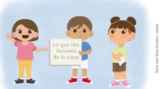 Ilustración de tres estudiantes de primaria: una niña con playera rosa que saluda, un niño que sostiene un cartel con el texto "Lo que nos llevamos de la clase" y una niña con playera verde que sostiene un cuaderno.