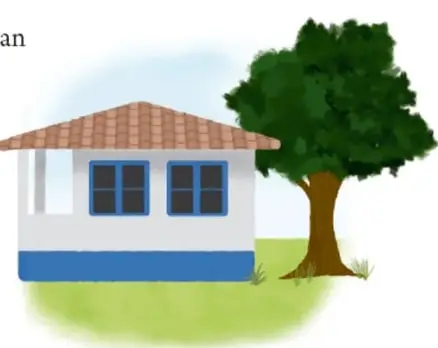 Casa de campo con techo rojo, ventanas azules y un árbol grande a su lado.