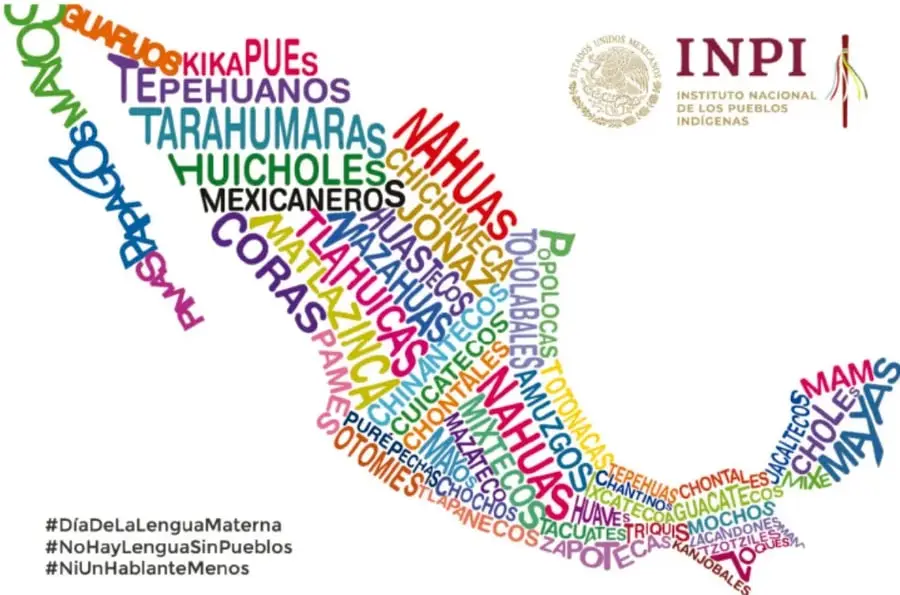 Mapa de México conformado por el nombre de numerosos pueblos indígenas en distintos colores (Nahua