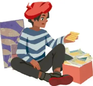 Miguel, con boina roja y rayas azules, sentado en el suelo junto a una caja roja llena de notas de colores, leyendo una nota amarilla con cara de asombro.