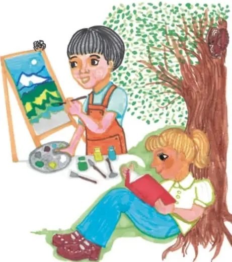 Ilustración de un niño pintando un cuadro en un caballete y una niña leyendo un libro bajo un árbol. Crédito: Nohemí Santibáñez López, Ciudad de México.