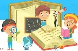 Ilustración de estudiantes realizando actividades de escritura y lectura.