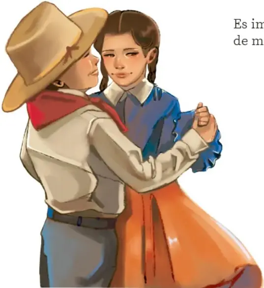 Ilustración de una pareja de niños bailando (niño con sombrero y niña con rebozo), en danza tradicional; créditos: Abigail Godoy Araujo, Querétaro.