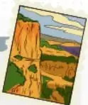 Ilustración de un paisaje desértico con formaciones rocosas y un cielo azul.