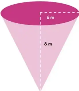 Cono invertido (vértice hacia abajo) de color rosa; base circular magenta con radio etiquetado 6 m y altura vertical punteada etiquetada 8 m.