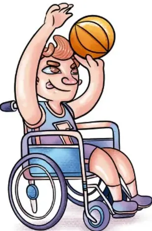 Ilustración de un niño sentado en una silla de ruedas, levantando un balón de baloncesto con ambas manos para lanzarlo al aro.
